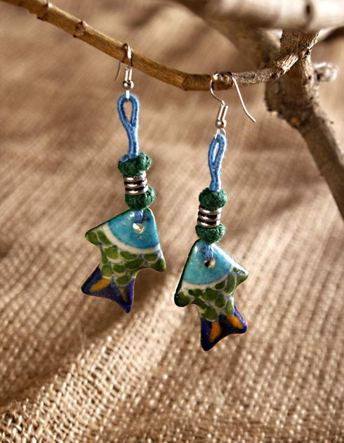 Fish Pendant Earring (Green Body, Assorted Colour Threadwork)